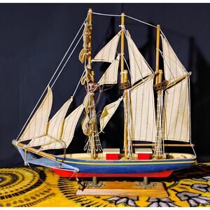 Vintage 14"x13" Wooden Sail Boat Model Nautical Figurine Blue Red Yellow + Stand
